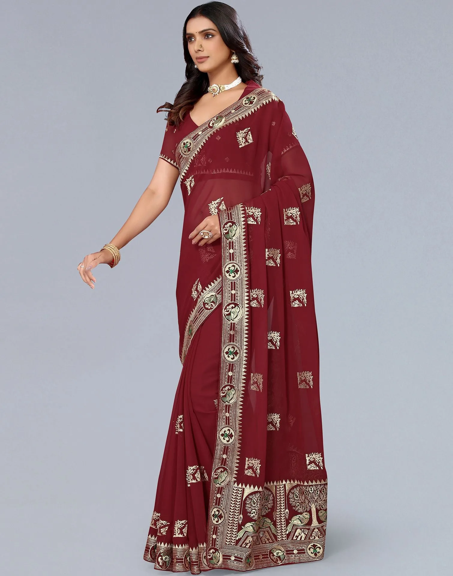 Maroon Embroidery Saree