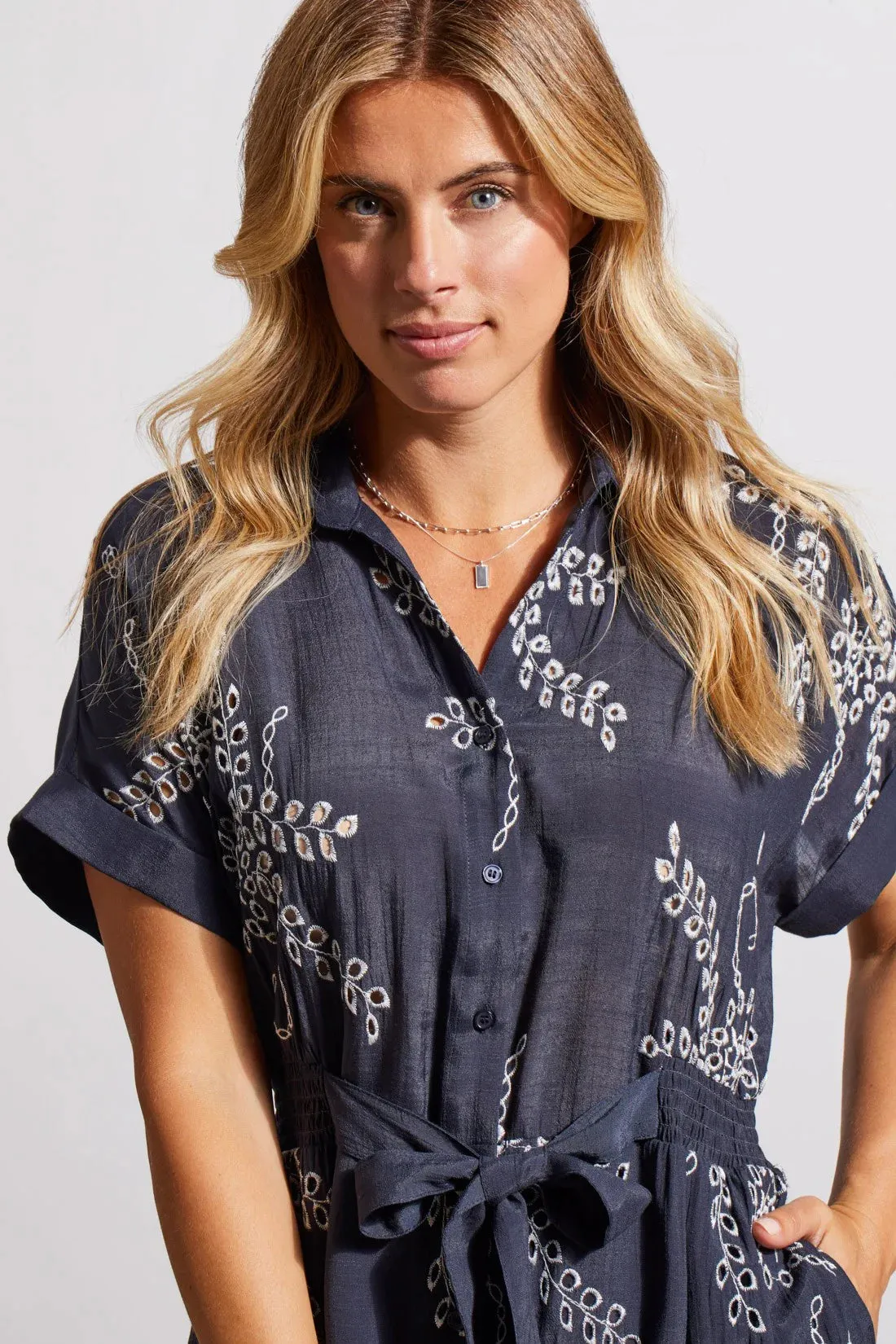 Navy Blue Embroidery Button Down Shirt Dress