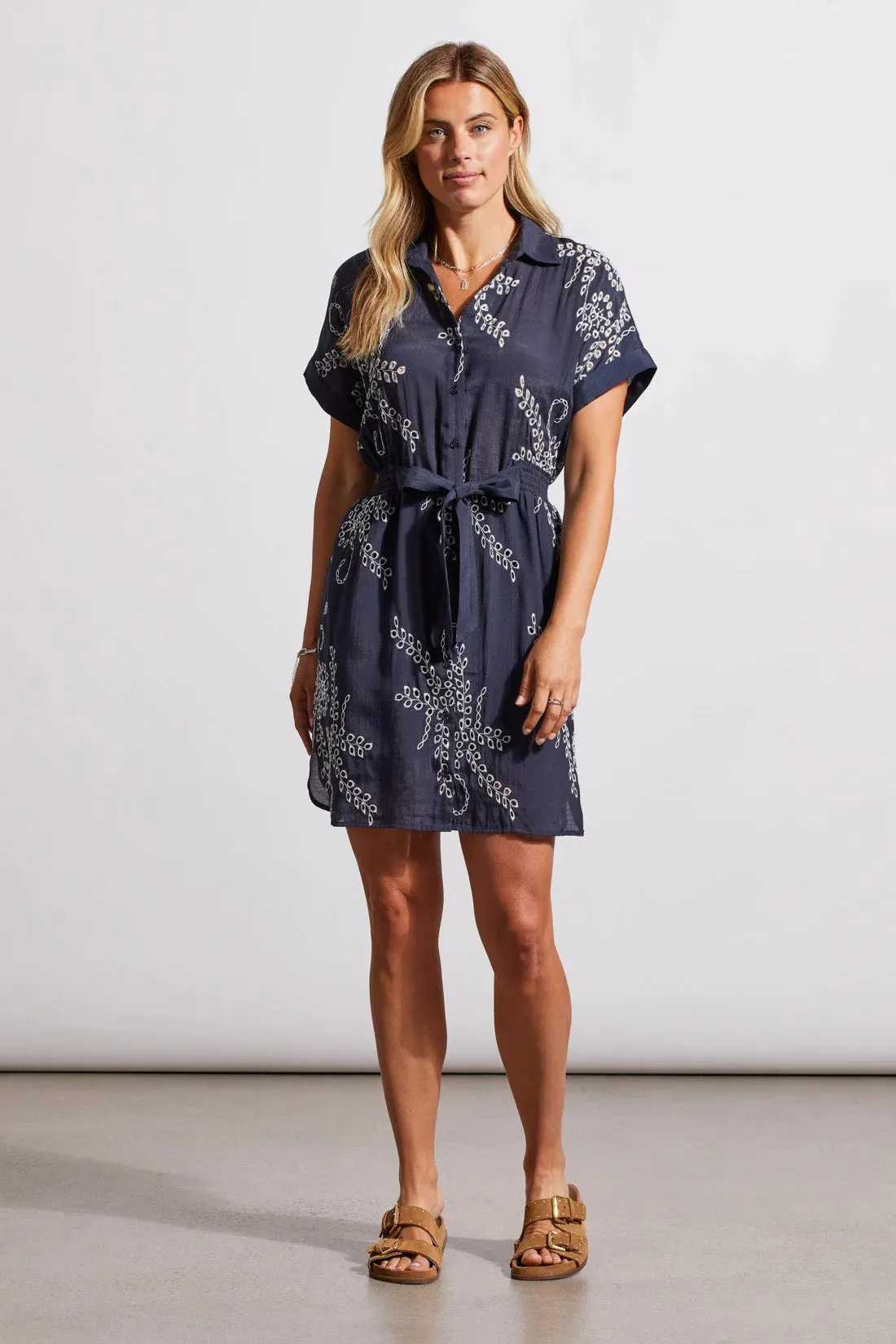 Navy Blue Embroidery Button Down Shirt Dress