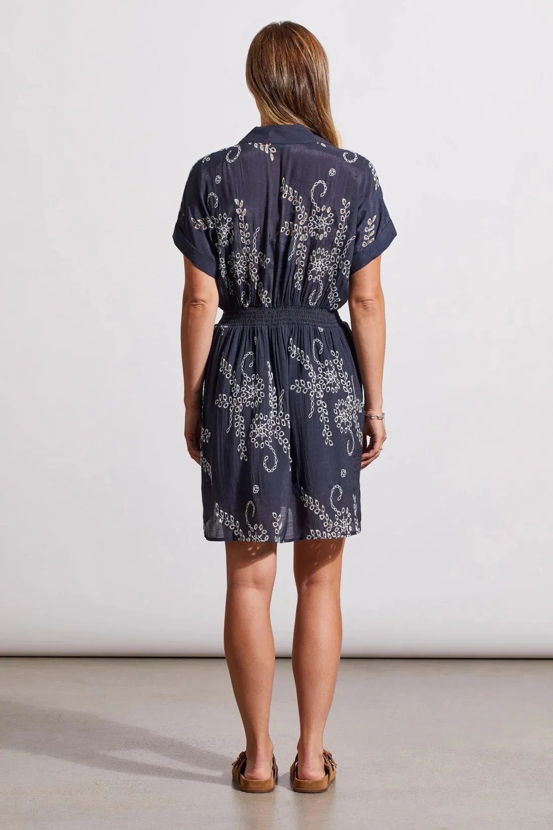 Navy Blue Embroidery Button Down Shirt Dress