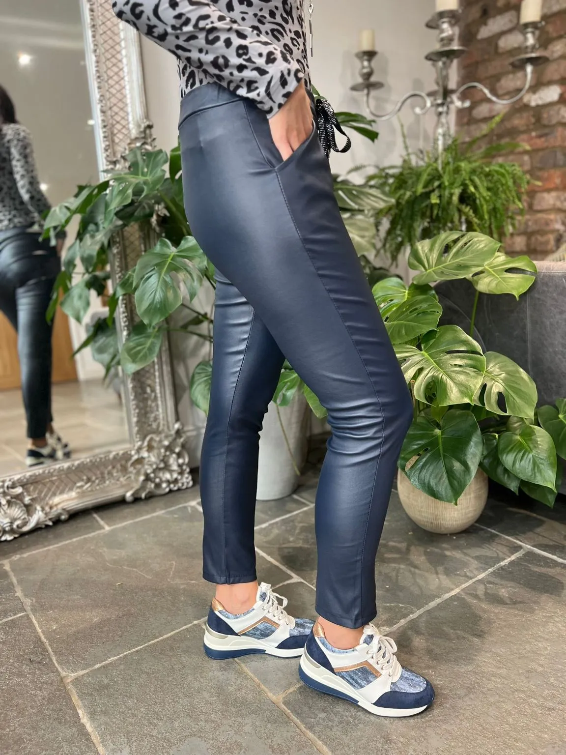 Navy Pleather Drawstring Trousers