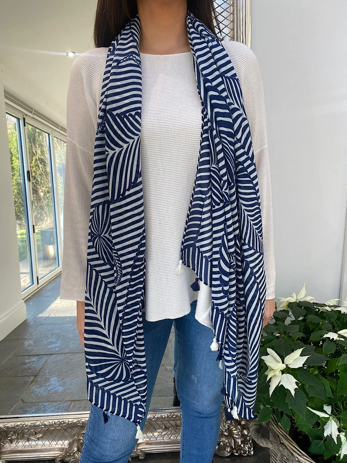 Navy Stripe Tassel Scarf