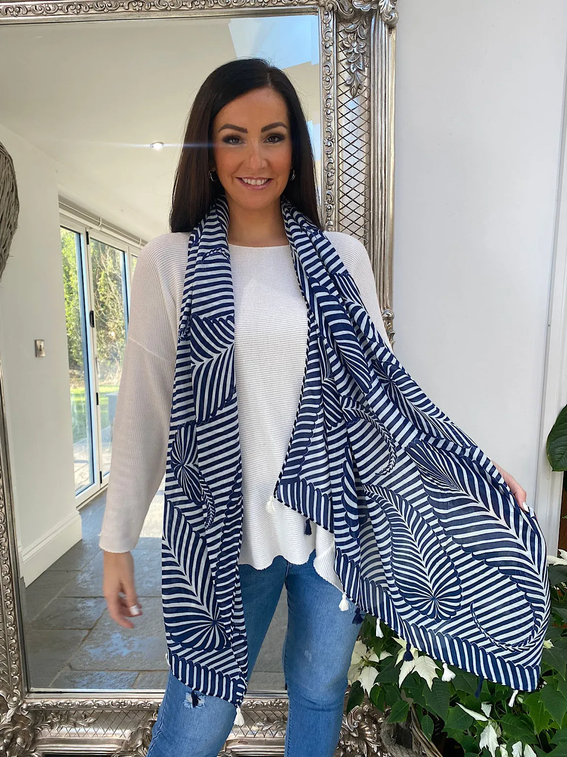 Navy Stripe Tassel Scarf