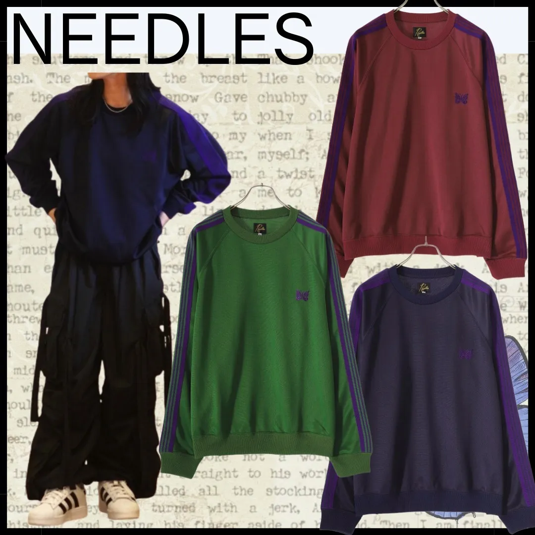 Needles  |Crew Neck Stripes Unisex Street Style Long Sleeves Plain