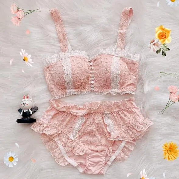 Peach Pink Vintage-Aesthetic Lace Ruffle Kawaii Lolita Nymphet Lingerie Set