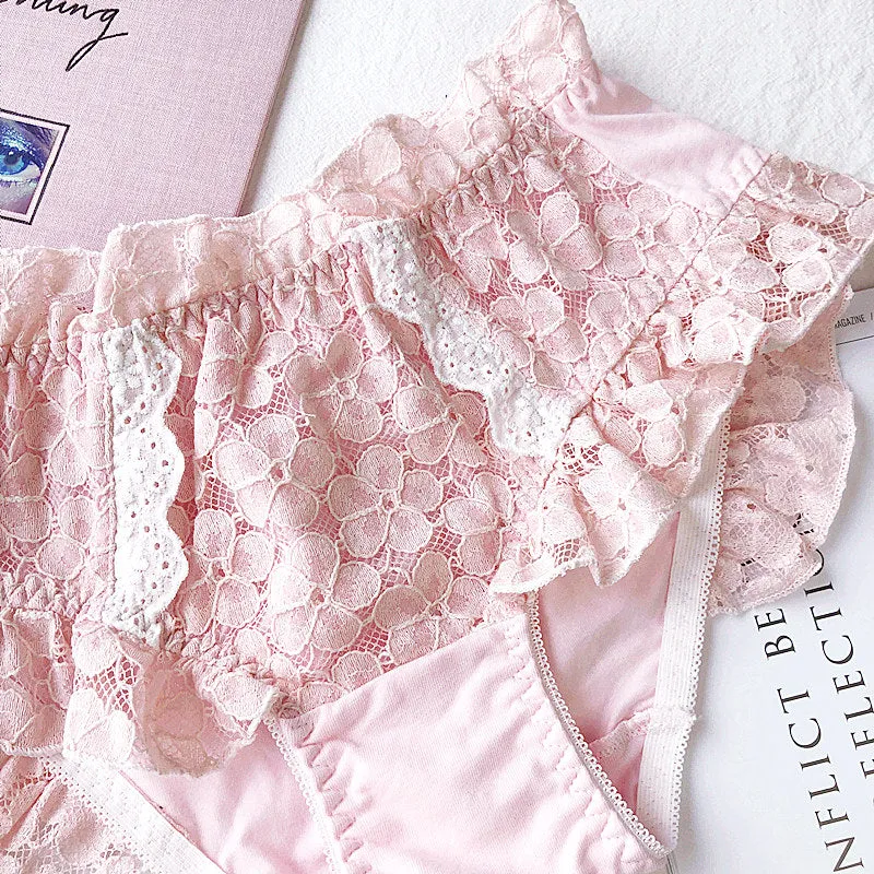 Peach Pink Vintage-Aesthetic Lace Ruffle Kawaii Lolita Nymphet Lingerie Set