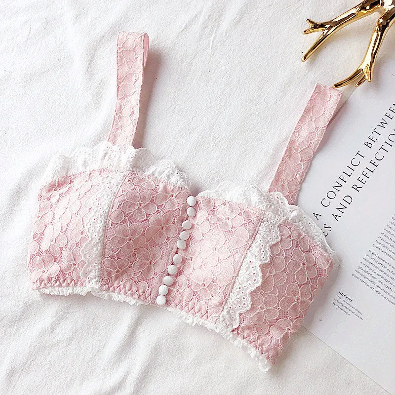 Peach Pink Vintage-Aesthetic Lace Ruffle Kawaii Lolita Nymphet Lingerie Set