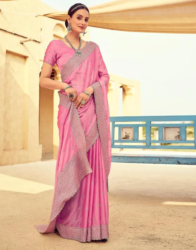 Pink Georgette Plain Saree