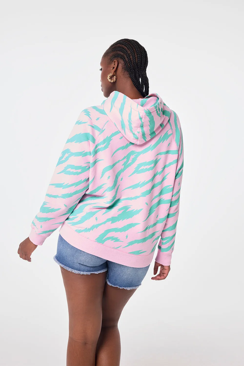 Pink with Green Tiger Print Relaxed Hoodie