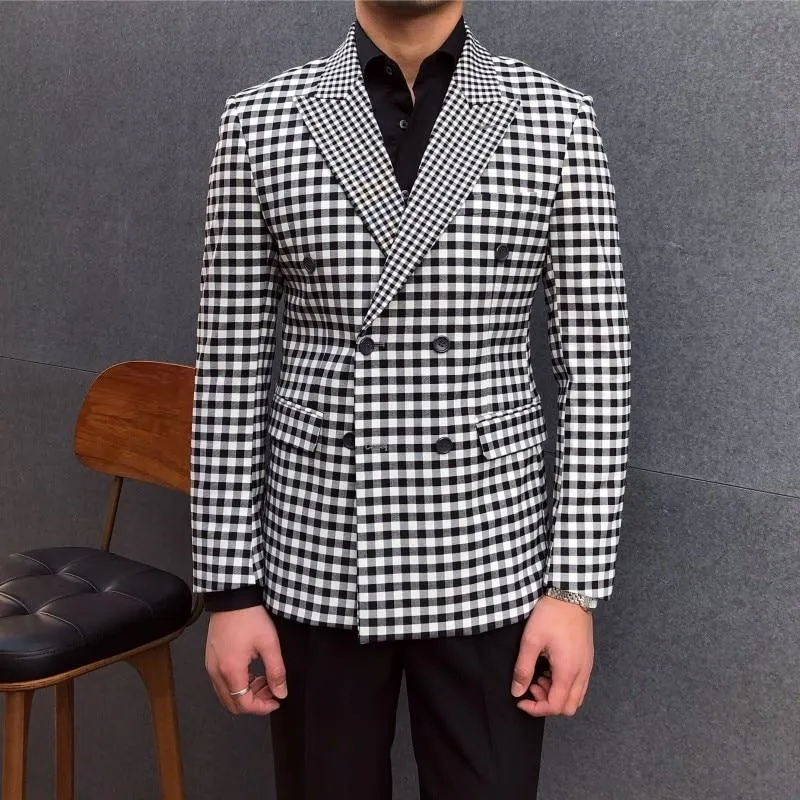 Plaid Double Breasted Blazer For Men