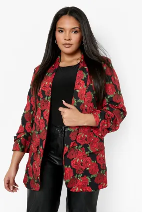 Plus Rose Print Ruched Sleeve Blazer