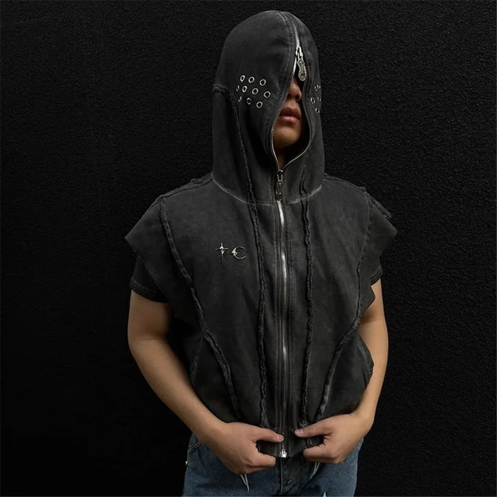 Punk Rock Gothic Ripped Style Sleeveless Hoodie