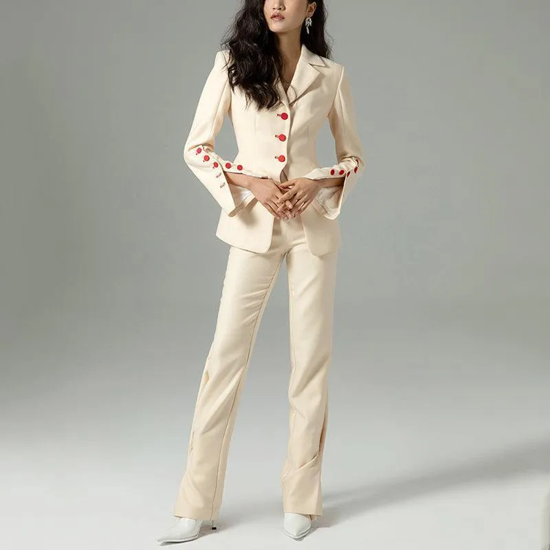 Red Buttons Formal Business Pantsuit