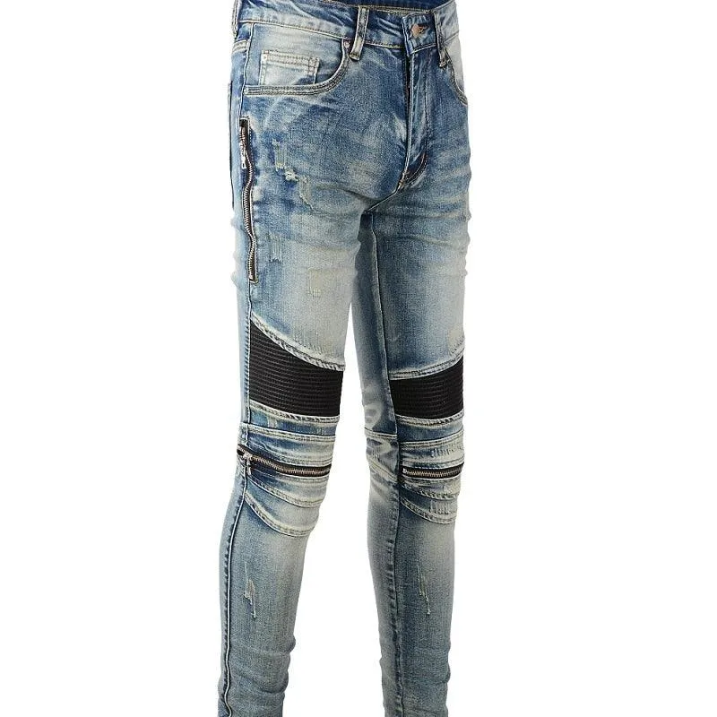 Ripped Patchwork Biker Jeans with Slim Fit and Zippers Detailing