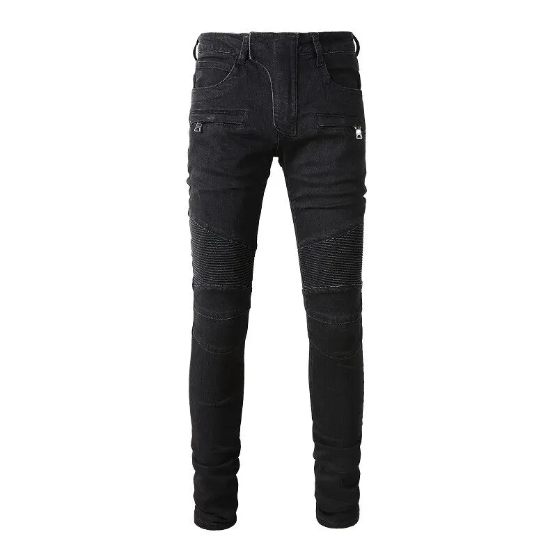 Ripped Patchwork Biker Jeans with Slim Fit and Zippers Detailing