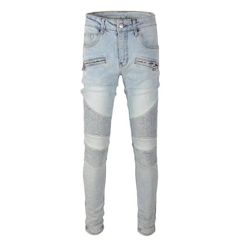 Ripped Patchwork Biker Jeans with Slim Fit and Zippers Detailing