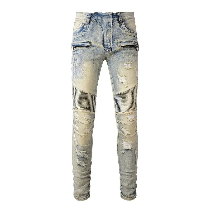 Ripped Patchwork Biker Jeans with Slim Fit and Zippers Detailing