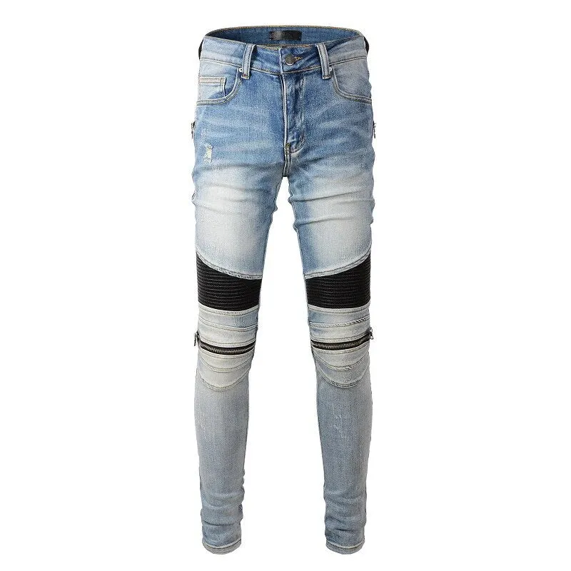 Ripped Patchwork Biker Jeans with Slim Fit and Zippers Detailing