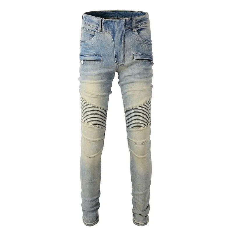 Ripped Patchwork Biker Jeans with Slim Fit and Zippers Detailing