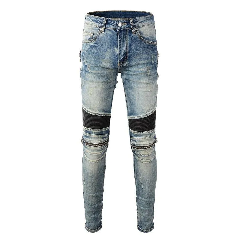 Ripped Patchwork Biker Jeans with Slim Fit and Zippers Detailing