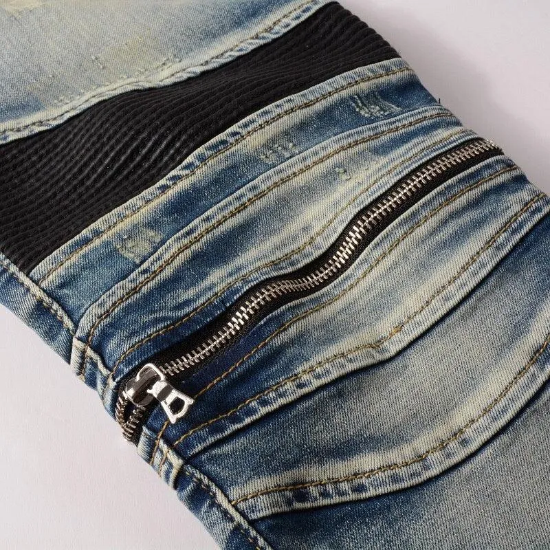 Ripped Patchwork Biker Jeans with Slim Fit and Zippers Detailing