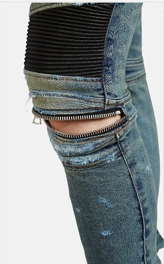 Ripped Patchwork Biker Jeans with Slim Fit and Zippers Detailing