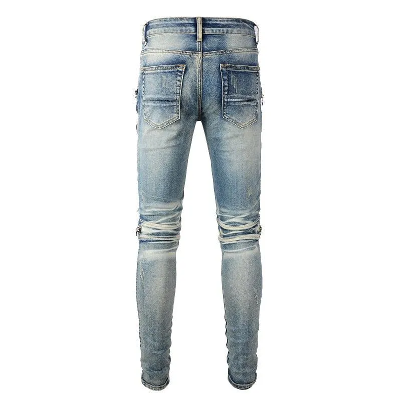 Ripped Patchwork Biker Jeans with Slim Fit and Zippers Detailing