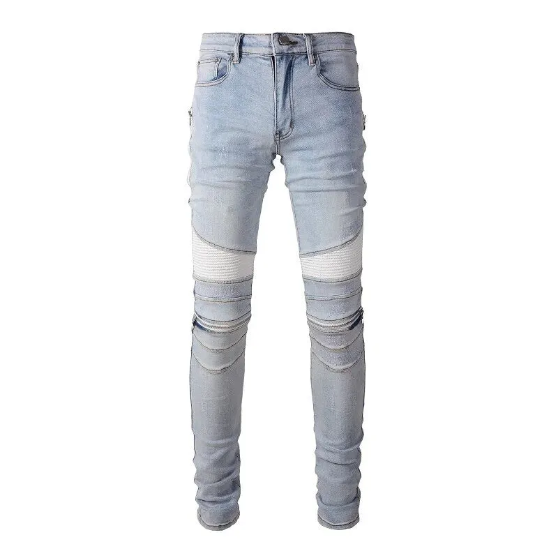 Ripped Patchwork Biker Jeans with Slim Fit and Zippers Detailing