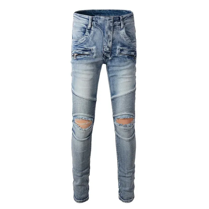 Ripped Patchwork Biker Jeans with Slim Fit and Zippers Detailing