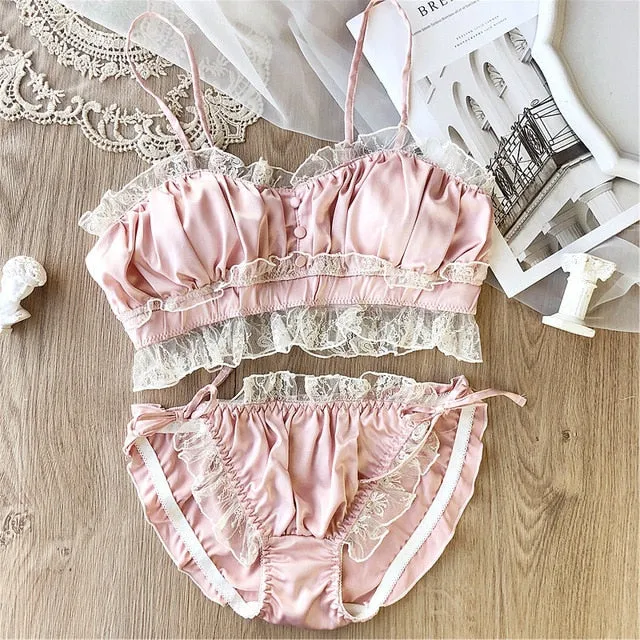 Satin Lace Vintage Aesthetic 2-piece Kawaii Princess Lolita Nymphet Lingerie Set