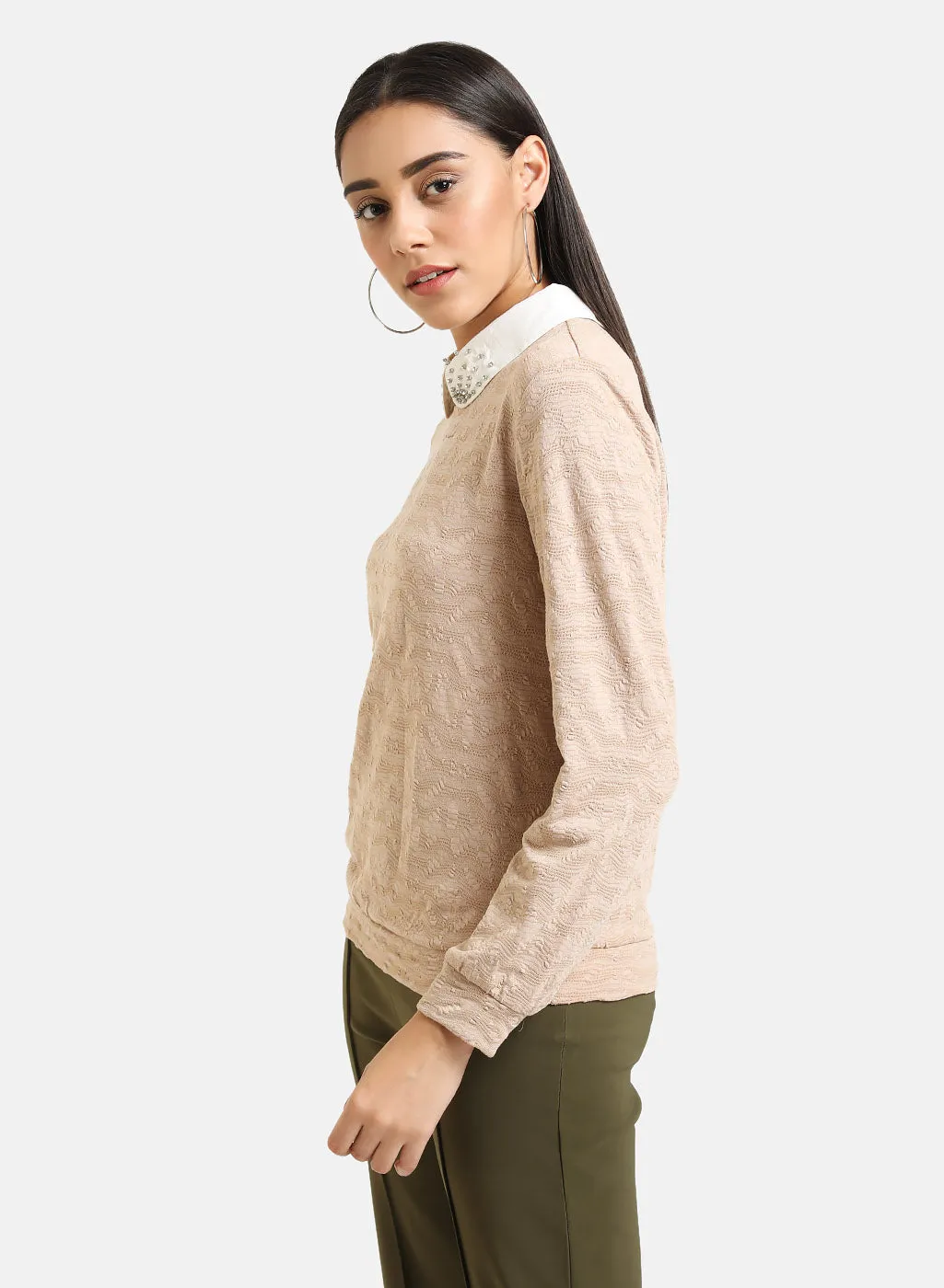 Shirt Collar Embellished Textured Pullover