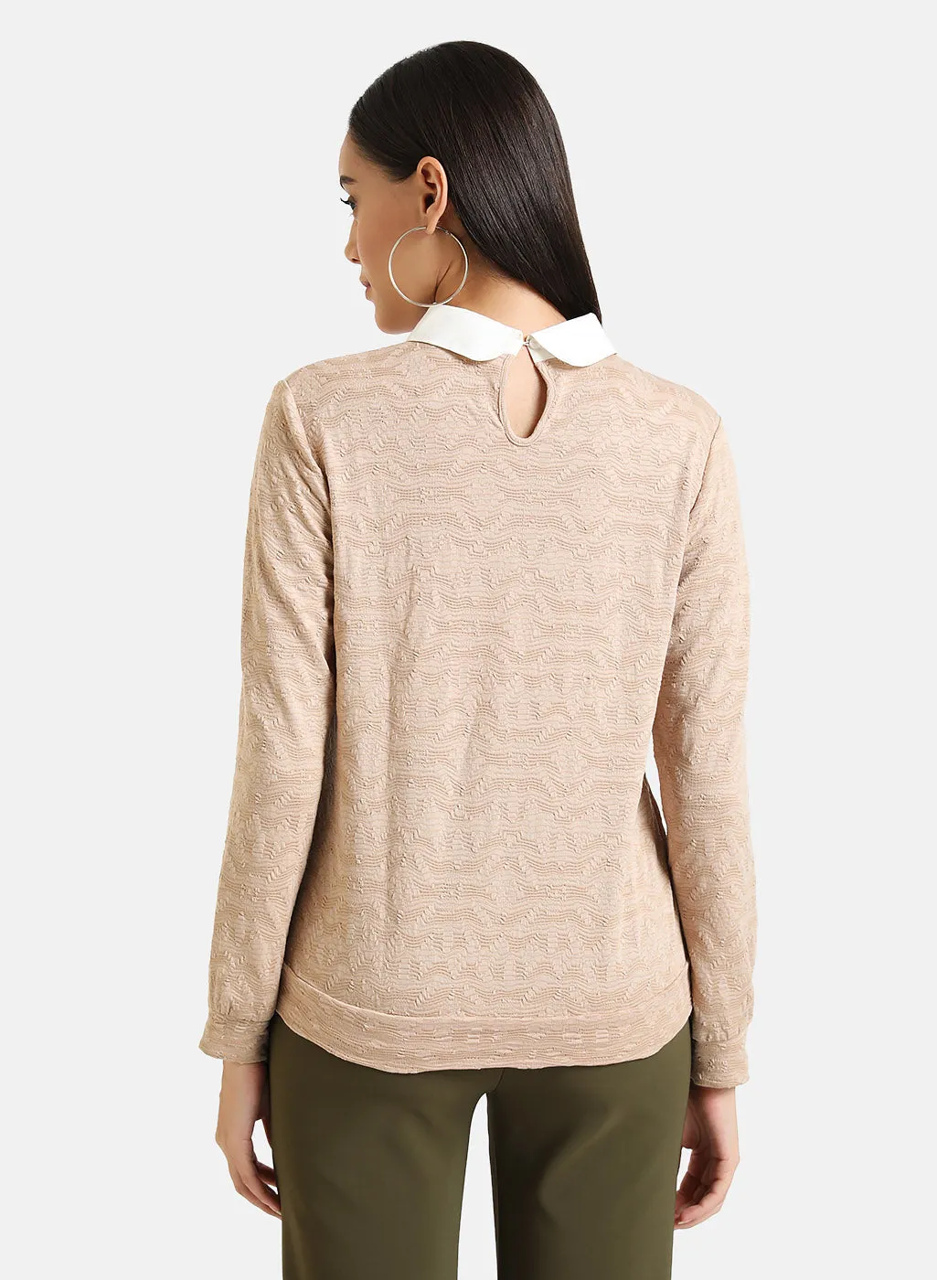 Shirt Collar Embellished Textured Pullover