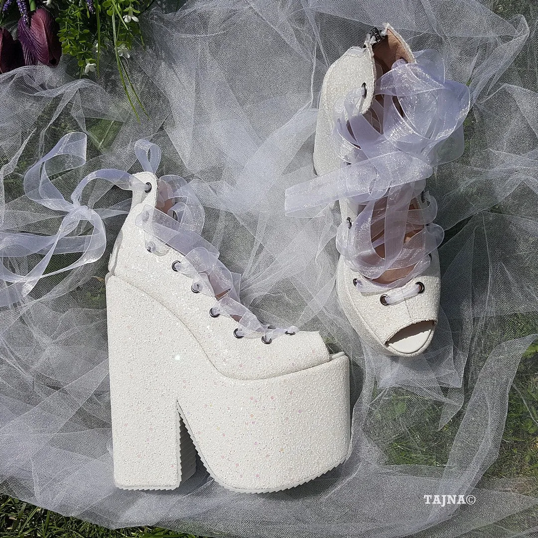 Sparkling White Lace Up Balerinas Super Wedge Shoes 20 cm