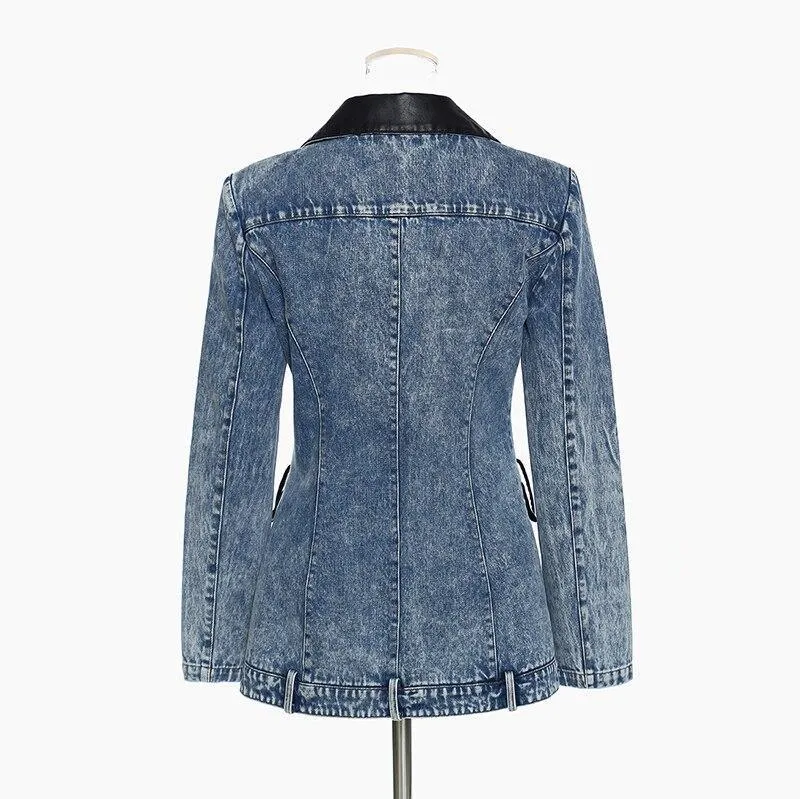 Streetwear Leather Collar Denim Blazer For Women