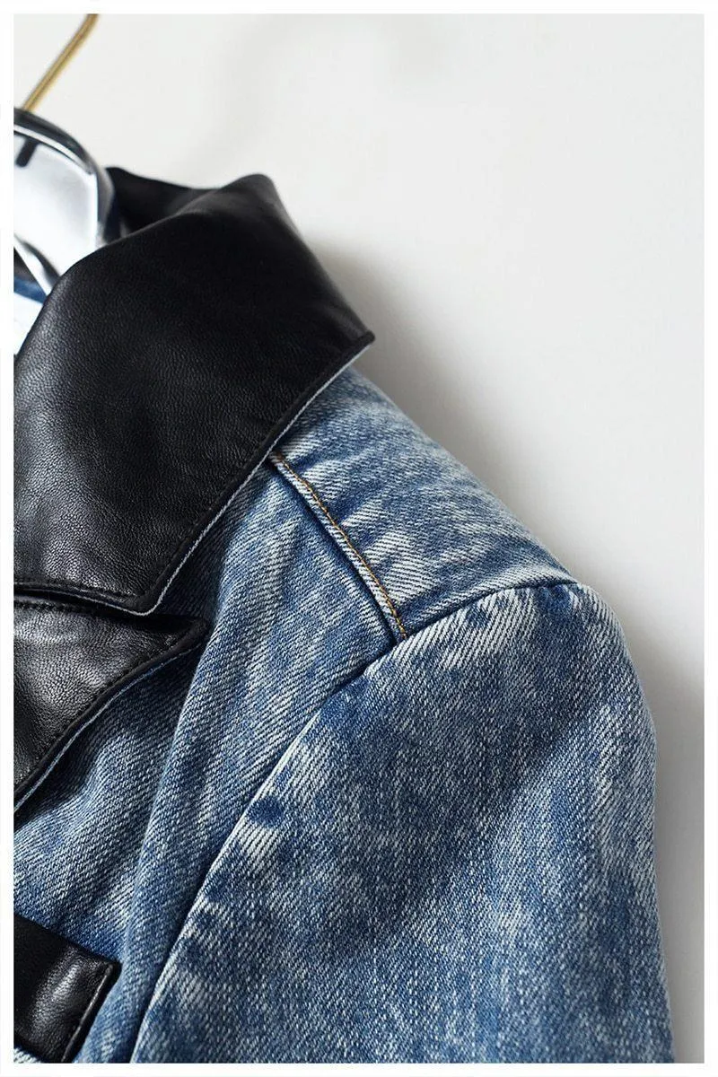 Streetwear Leather Collar Denim Blazer For Women