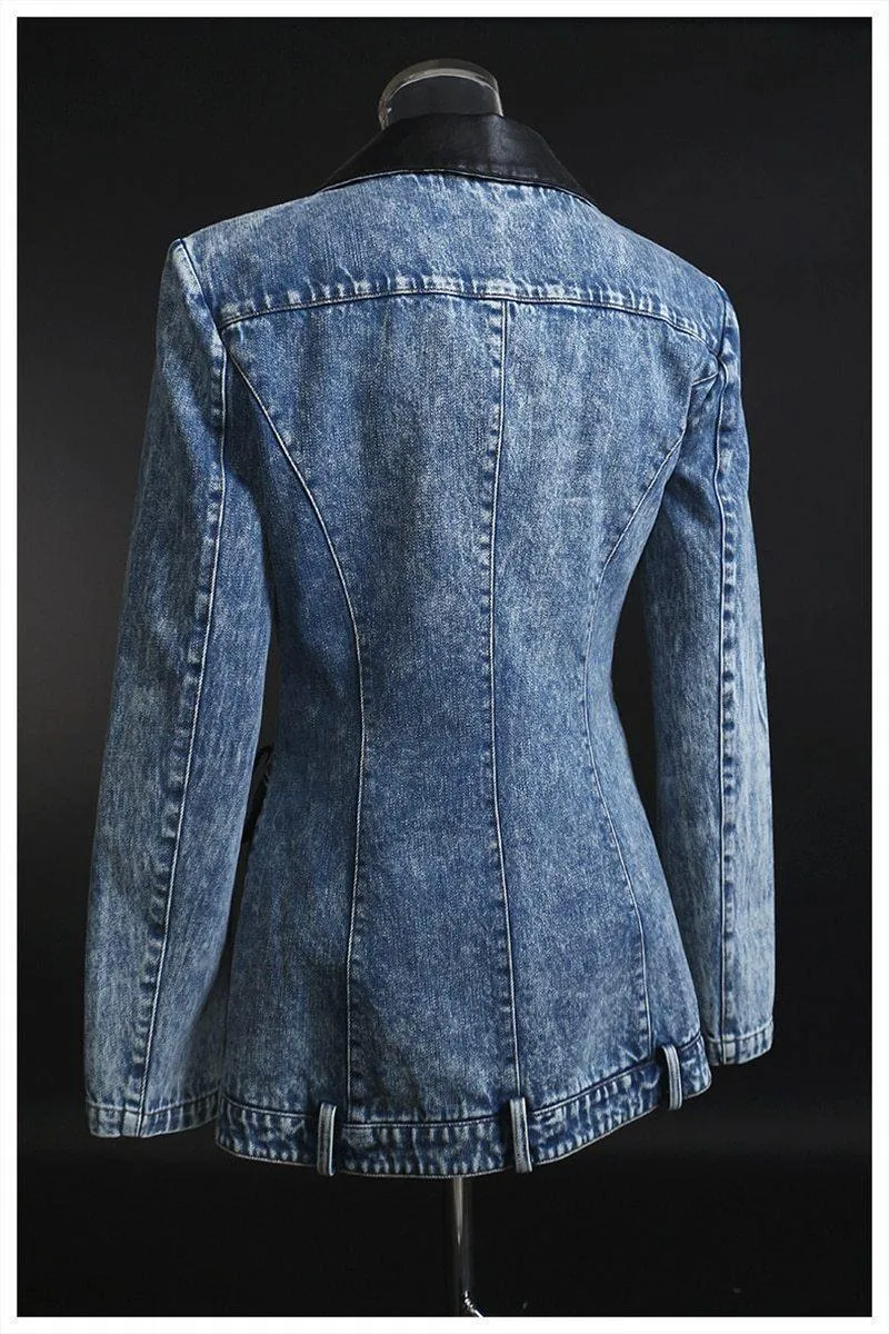 Streetwear Leather Collar Denim Blazer For Women