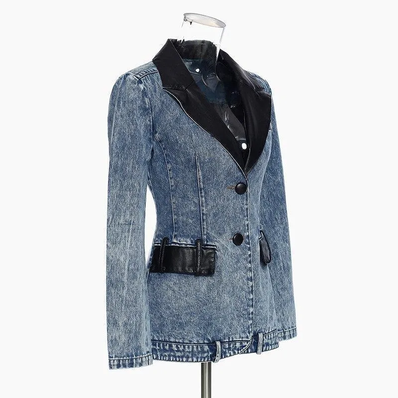 Streetwear Leather Collar Denim Blazer For Women