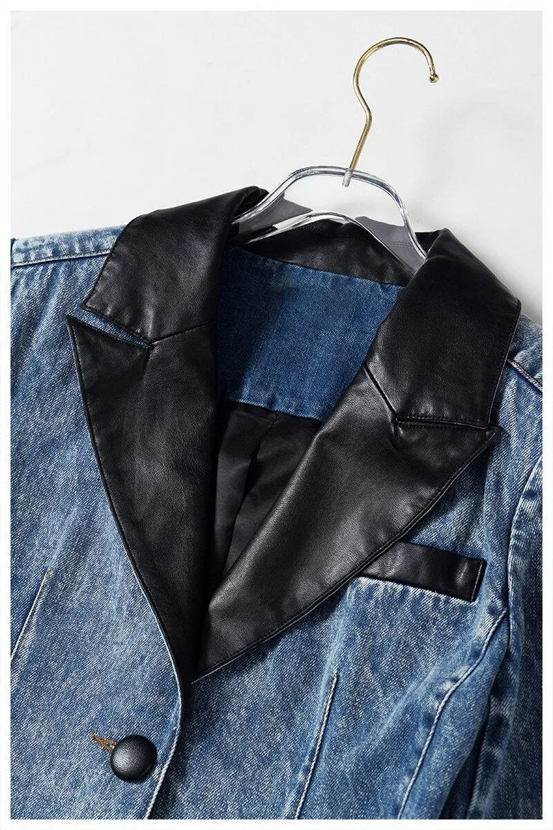 Streetwear Leather Collar Denim Blazer For Women