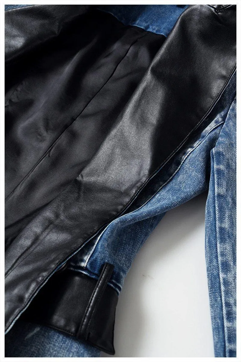 Streetwear Leather Collar Denim Blazer For Women