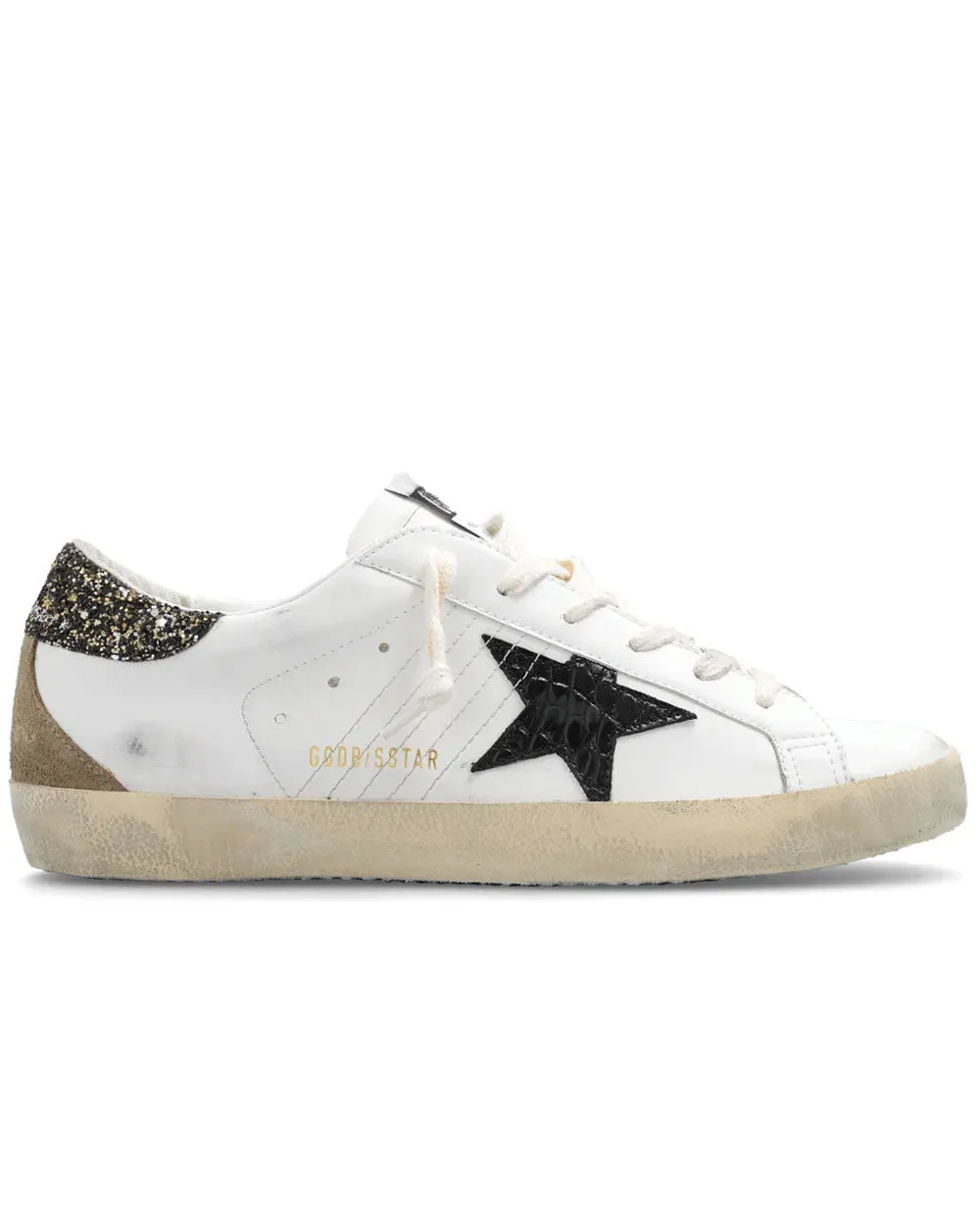 Super-Star Mixed Leather Low Top Sneakers in Black and Gold