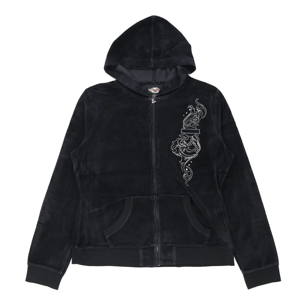 Velour Harley Davidson Graphic Hoodie - Medium Black Cotton Blend