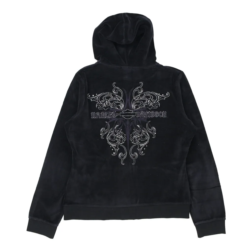 Velour Harley Davidson Graphic Hoodie - Medium Black Cotton Blend