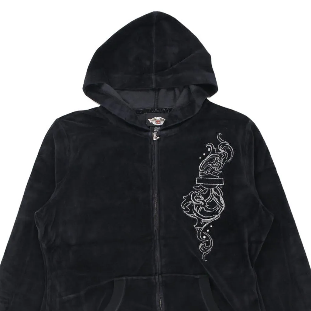 Velour Harley Davidson Graphic Hoodie - Medium Black Cotton Blend