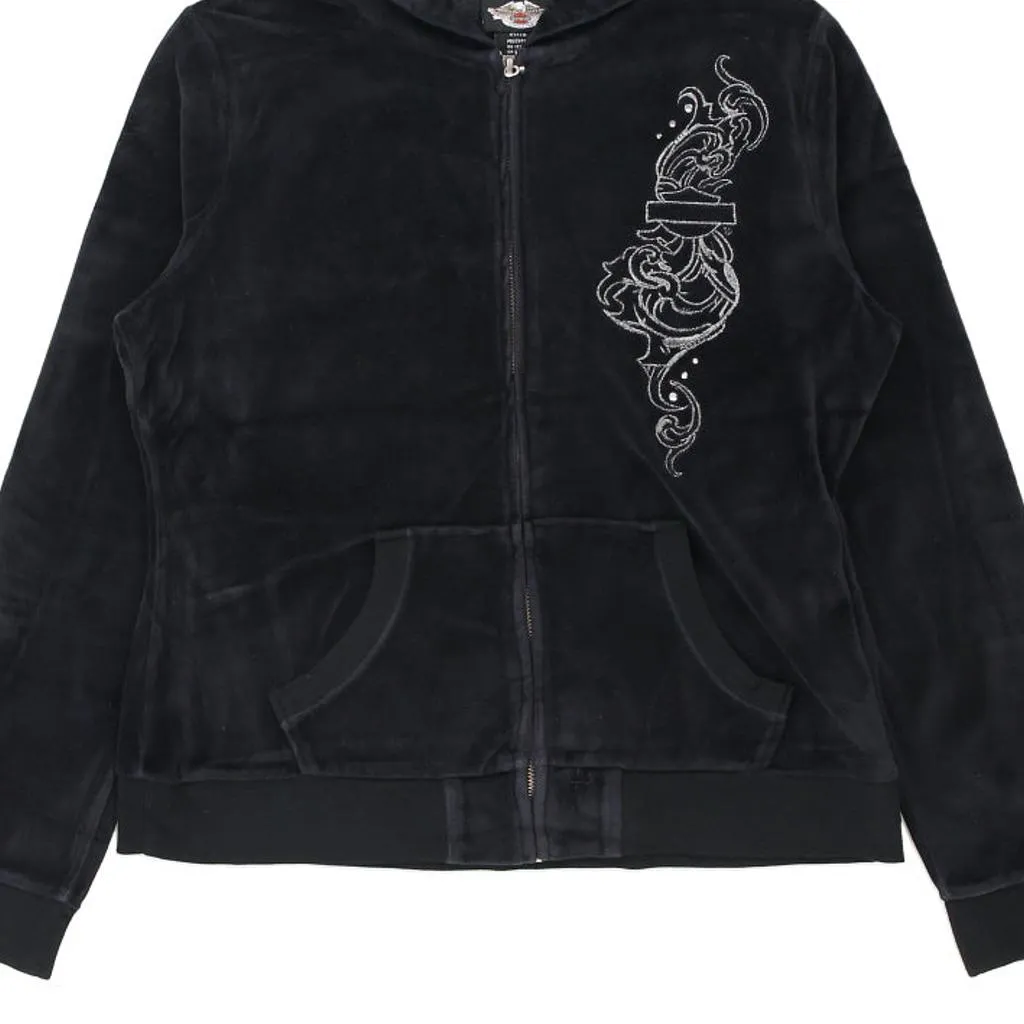 Velour Harley Davidson Graphic Hoodie - Medium Black Cotton Blend