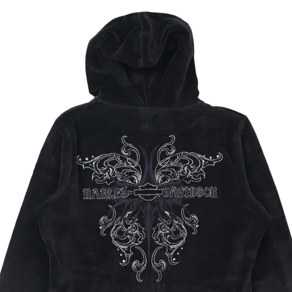 Velour Harley Davidson Graphic Hoodie - Medium Black Cotton Blend