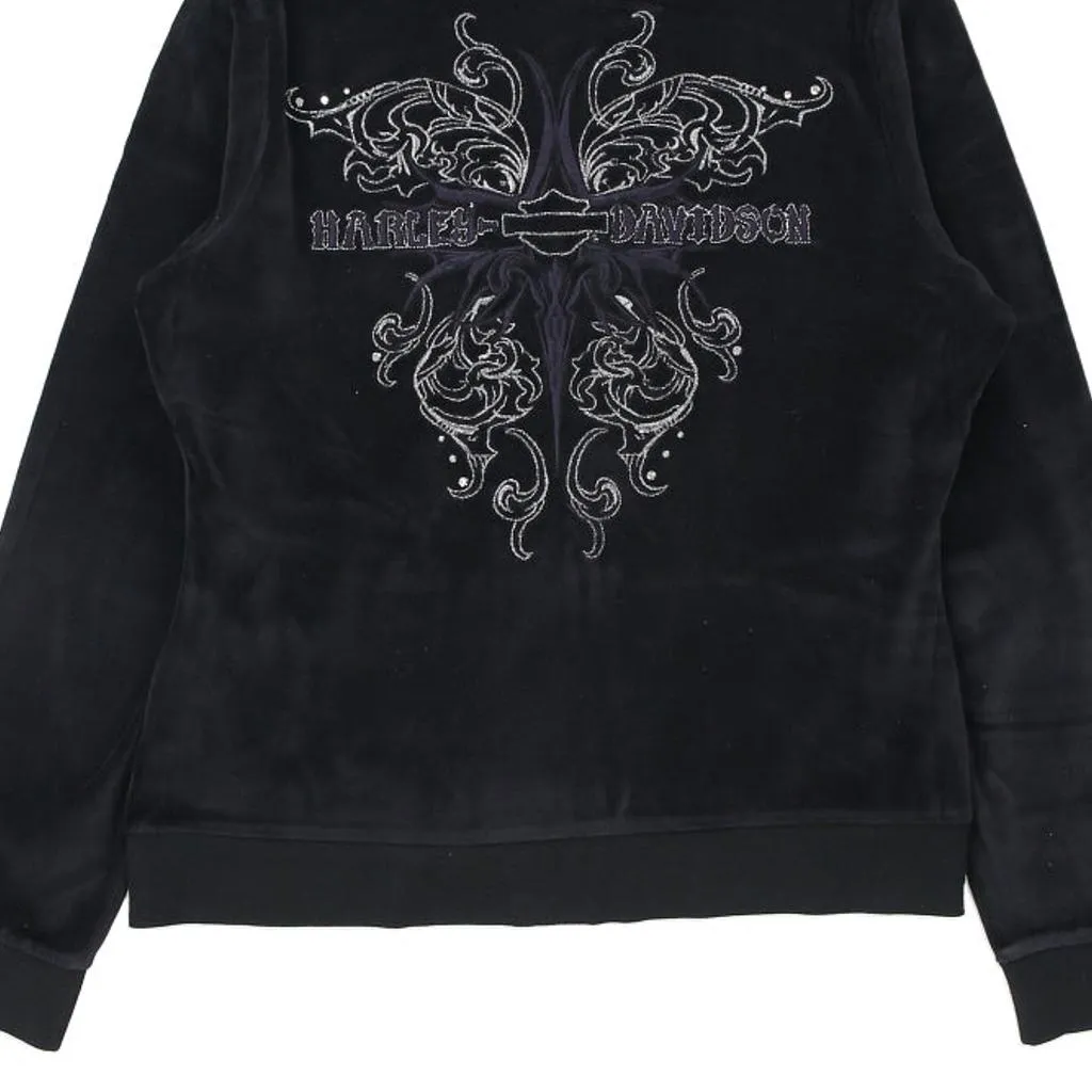 Velour Harley Davidson Graphic Hoodie - Medium Black Cotton Blend