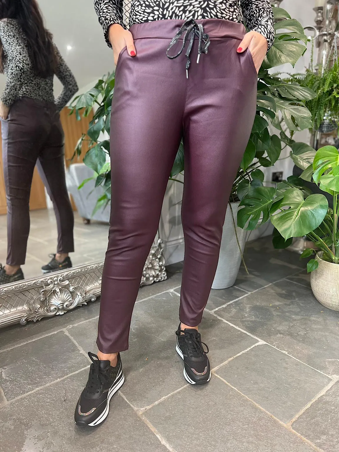 Wine Pleather Drawstring Trousers