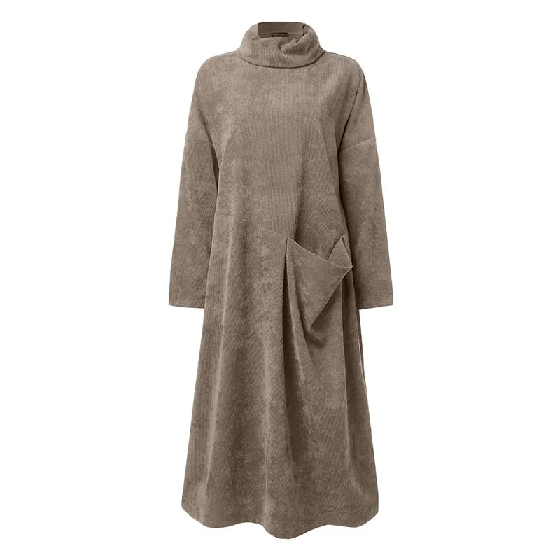 Women Turtleneck Long Sleeve Corduroy Dress Autumn