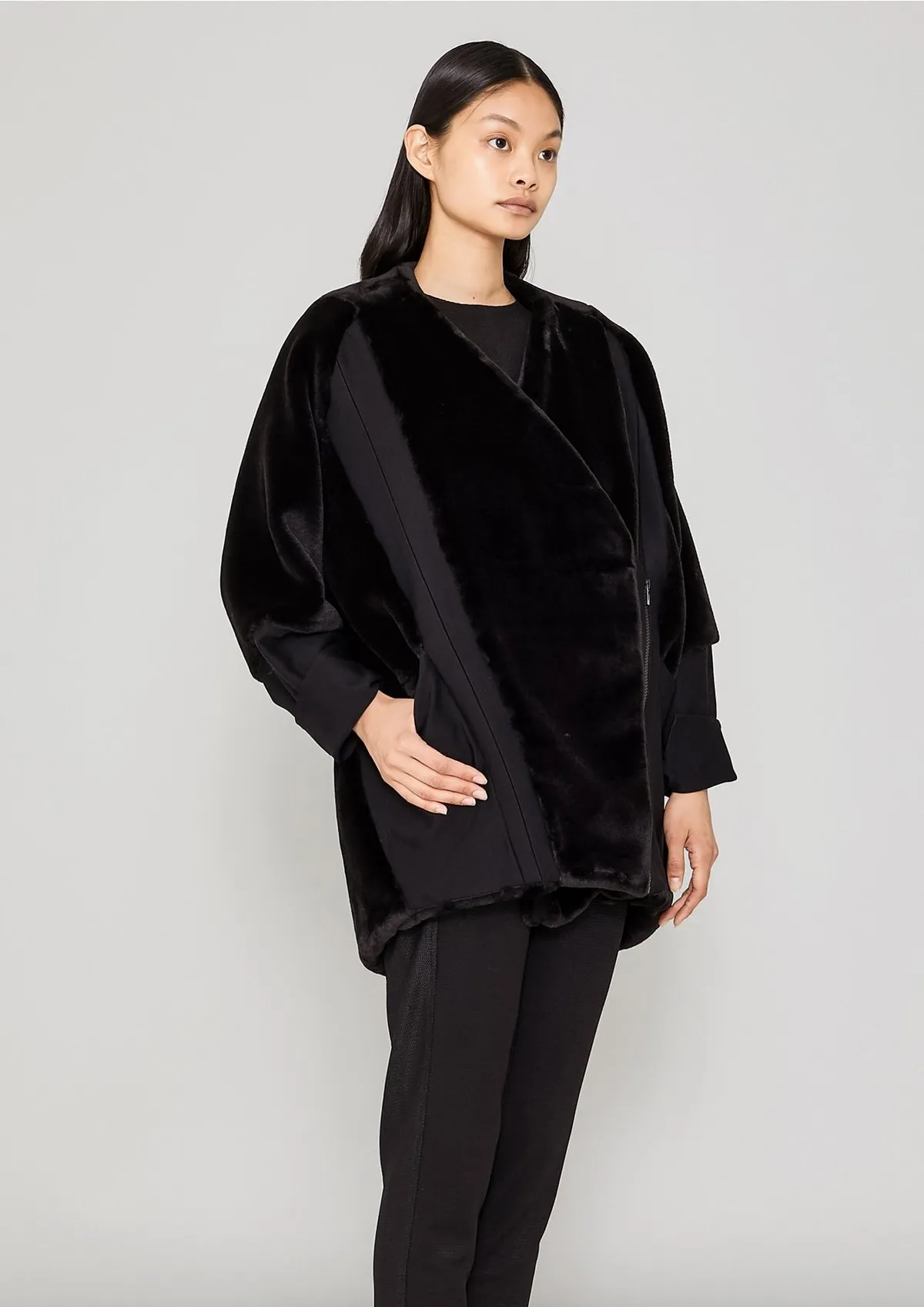 Zip Faux Fur Coat - Black